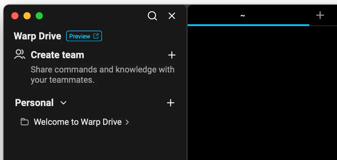 Personal workspace zero state in Warp Drive, showing where Workflows, Notebooks, Prompts, and Environment Variables are saved.